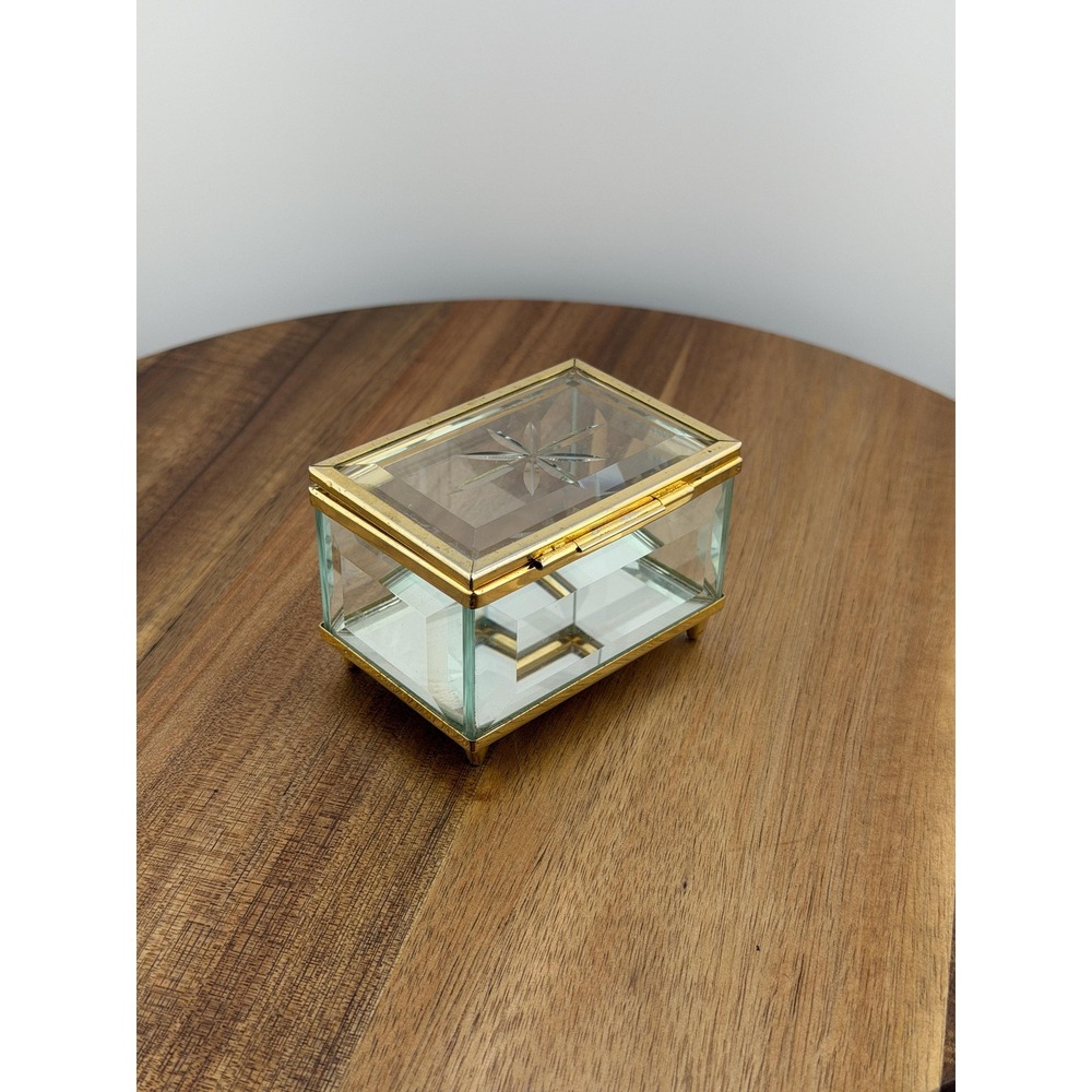 Vintage Beveled Glass Trinket Box Starburst Jewelry Box Brass Trim Pointed Feet - Picture 13 of 17